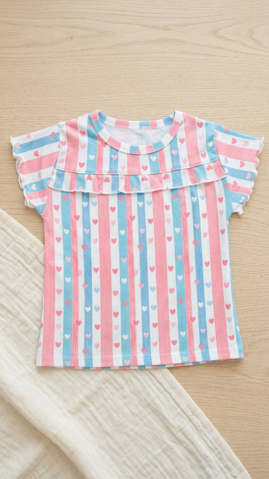 Striped Heart Print Ruffle Top