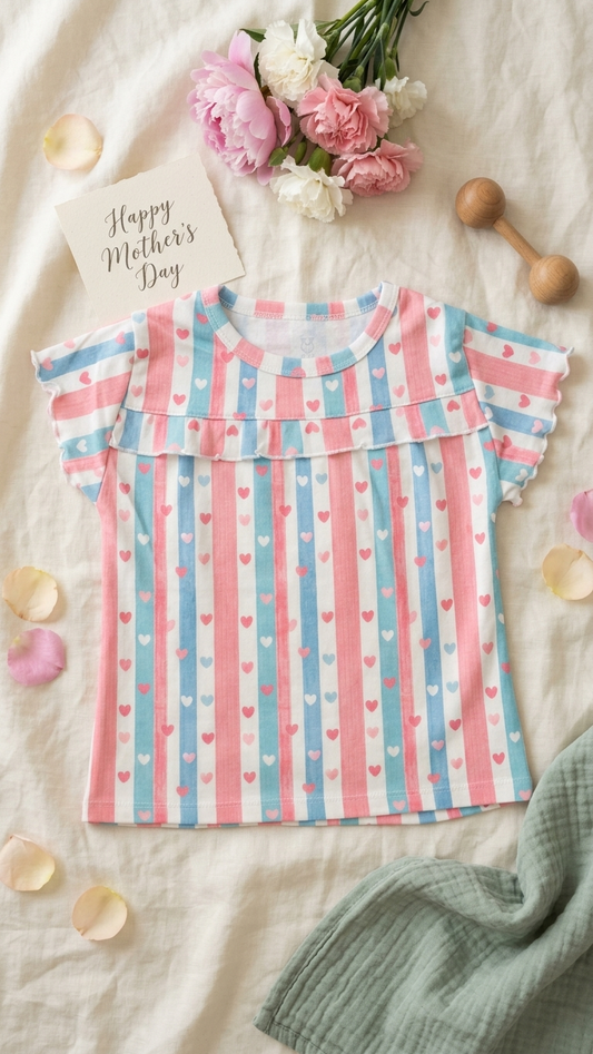 Striped Heart Print Ruffle Top